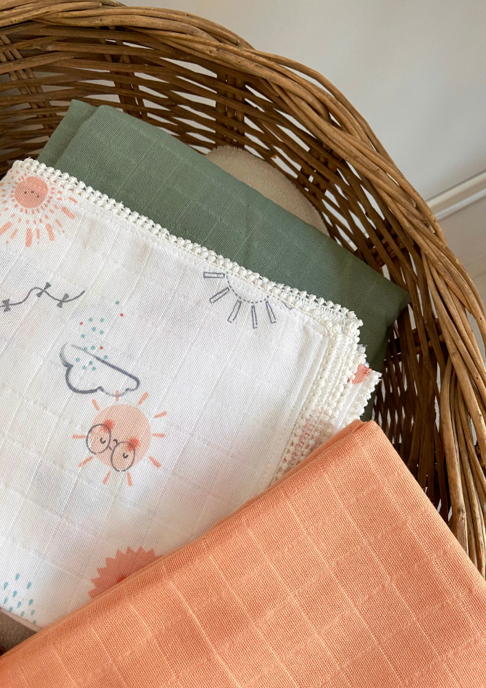 %100 Organik Pamuk Muslin Örtü / Bebek Battaniyesi 3'lü Set - Gunes
