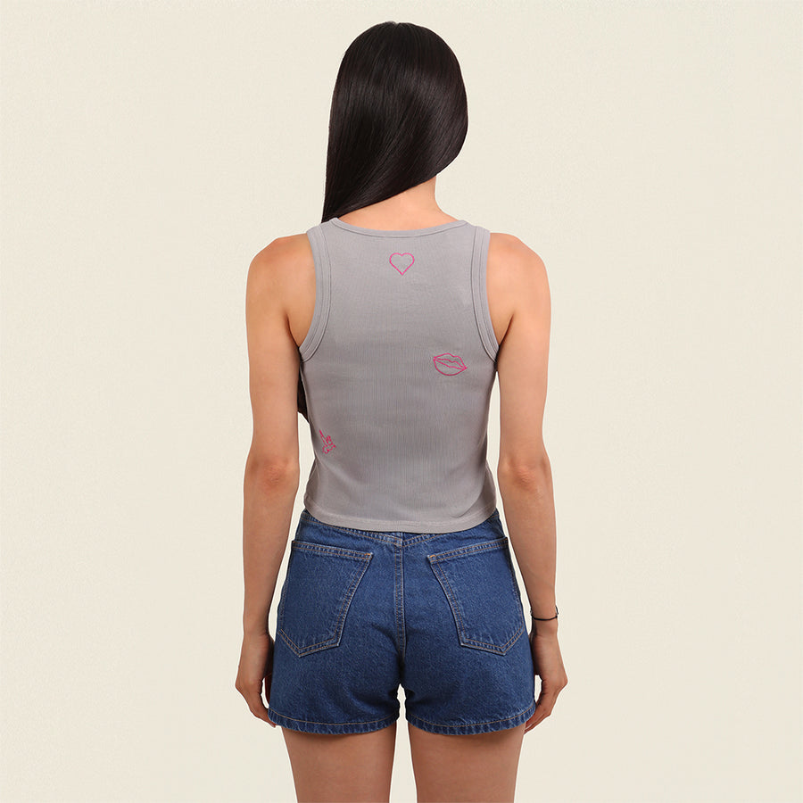 Afrodit İlhamlı Nakış Kolsuz Tank Top (Gri)
