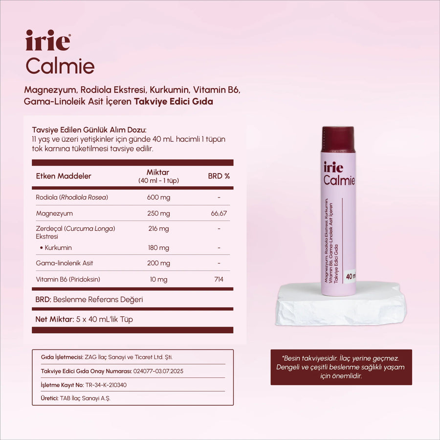 Calmie Magnezyum, Rodiola, Ekstresi, Kurkumin, Vit B6, GLA İçeren Takviye Edici Gıda (40mL x 5)
