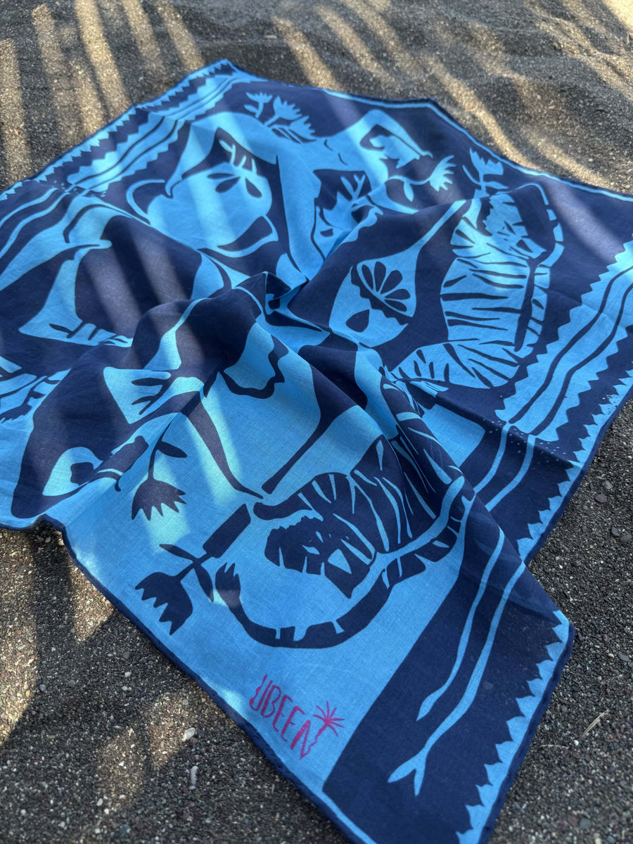 Bandana Mavi Lacivert Desenli Pamuklu Kadın Fular