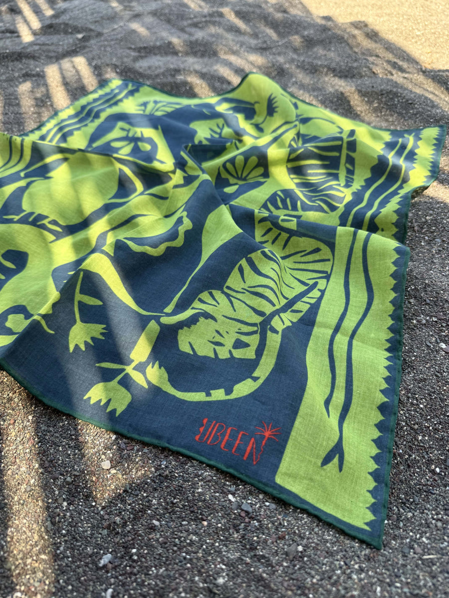 Bandana Yeşil Gri Desenli Pamuklu Kadın Fular