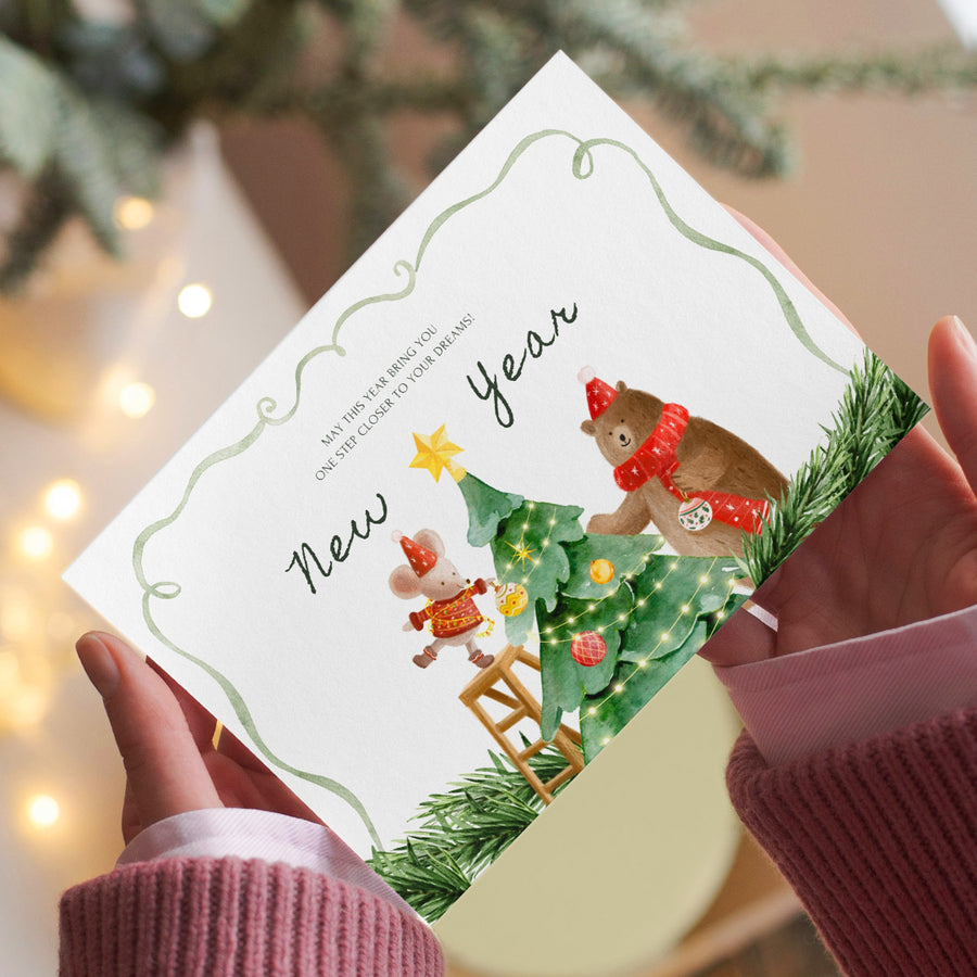 Yılbaşı Tebrik Kartı / Kartpostal / Ağaç Süsleyen Sevimliler